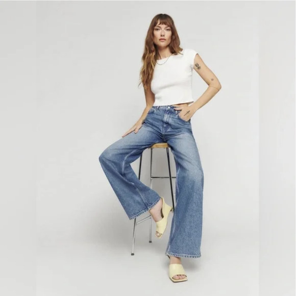 REFORMATION Cary Jeans Blue Rigid Denim LR Slouchy Wide Leg NWT - Picture 4 of 16